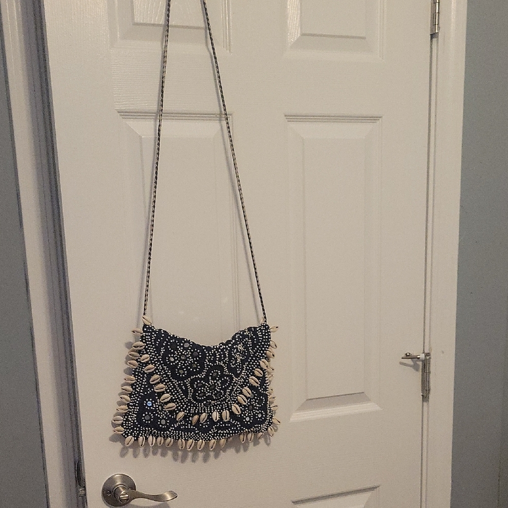 Bohemian Blue and White Shell-Embellished Bag made by Antil snd Batik